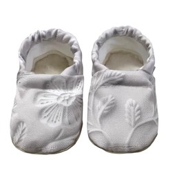 Clamfeet Organic Soft Sole baby shoes | First Walkers Crib Shoes | Pull on soft sole Infant Shoes | Lightweight Soft Sole Crib Shoes Toddler Shoes (LeVonne)| white, Baptism, floral (Size 2 (6-12 Months))