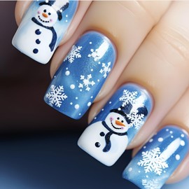 Christmas Press on Nails Medium Square Fake Nails Snowflake False Nails with Designs Cute Snowman Winter Full Cover Blue Glossy Glue on Nails Xmas Stick on Nails Acrylic Nails for Women Girls 24 Pcs