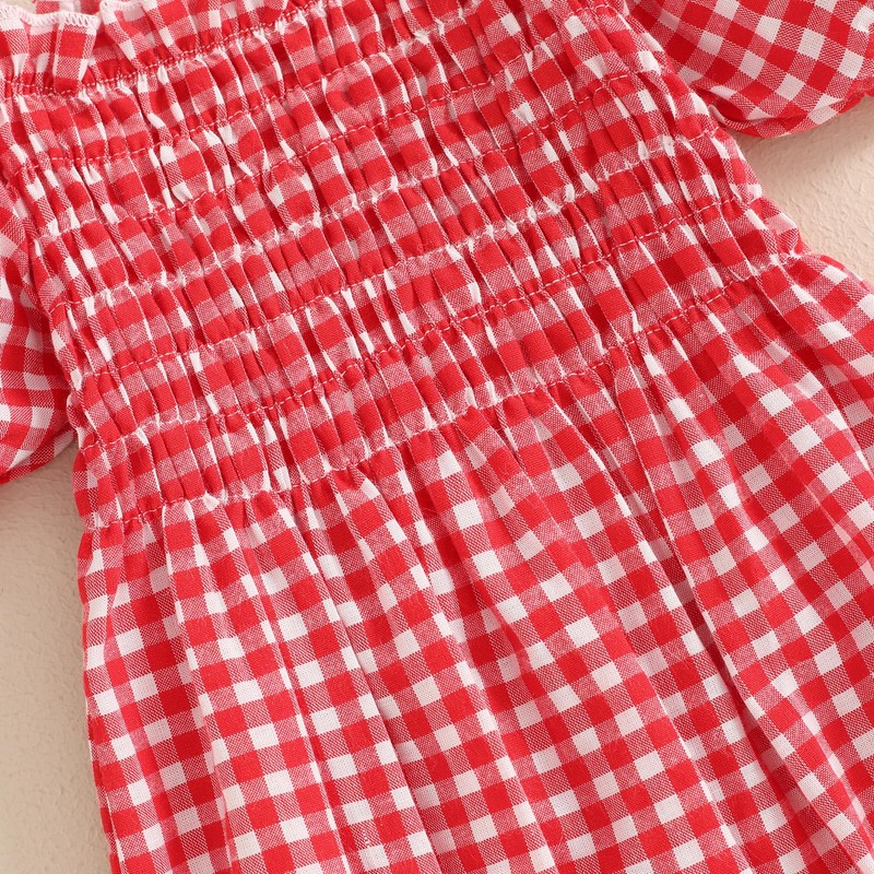 Newborn Baby Girl Summer Clothes Short Puff Sleeve Plaid Bubble