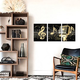 Artmyharbor Gold Metal Microphone Picture Wall Art Music Note Home Studio Decor 12"x16"