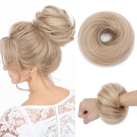 Benehair Human Hair Messy Bun Hair Piece Scrunchies Real Human Hair Thick Updo Hairpiece for Daily Wear Real Hair Ponytail Extension for Women Girls-Golden Brown Highlights Bleach Blonde