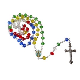 Gifts by Lulee, LLC Nuestra Senora San Juan de Los Lagos Madre de la Iglesia Rosario de la Amistad Cuentas Arcoiris de Cuarzo Facetadas Centro y Crucifijo de Plata Anodizada Incluye Postal de Rezo