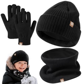auvstar Children's Winter Hat Scarf Gloves Hat Set, Boys Knitted Hat Loop Scarf, Warm Soft Winter Hats for Toddlers, Beanie Hat Gloves Round Scarf, Girls Winter Beanie Set, black