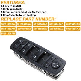 Master Power Window Switch for 2011 2012 Chrysler 300 CS, 2015 2016 2017 Chrysler 200 CS, for 2011 2012 2013 2014 Dodge Charger, 2016 Ram 1500 2500 3500 4500 5500 OE #68231805AA 68139805AB 56046823AE