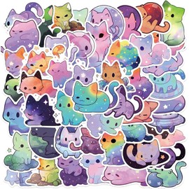 50 Pcs Cartoon Rainbow Starry Sky Cat Stickers - Cute Aesthetic Waterproof Vinyl for Water Bottle, Laptop, Phone, Skateboard - for Teens, Girls, Kids and Women(Starry Sky cat)