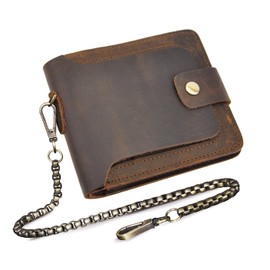 Le'aokuu Men's Genuine Genuine Leather Bifold Horizontal Standard Snap Chain Wallet Purse 406 (Brown), brown, M, Genuine Leather