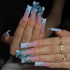 BABALAL Press on Nails Long Square Fake Nails Blue French Tip Glue ons Flower Rhinestone Charm Luxury Bling Supplies Art 24Pcs XL Glossy Full Cover Acrylic False Nails