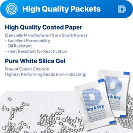 Dry & Dry 2 Gram [100 Packets] Silica Gel Packets Desiccants, Silica Packets - Rechargeable Silica Gel Packs, Silica Gel Packets, Desiccants Packets, Silica Gel