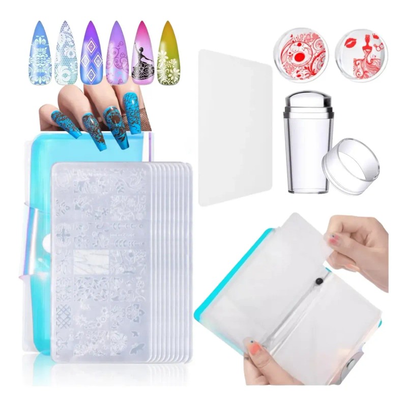 Estampas Sello Uñas: 9 Plantillas+sello+raspador+bolsa Láser