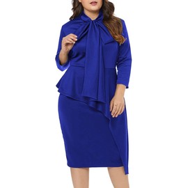 LALAGEN Women's Plus Size Long Sleeve Peplum Tie Neck Bodycon Pencil Midi Dress Blue XL