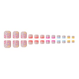 Square Press on Toenails Short Fake Toe Nails with Flower Designs Nude Toenail Press ons Colorful French Tip Toe Nail Press ons Summer Acrylic Toenails Artificial Stick on Toenails for Women 24Pcs