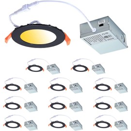 CycevSun 12 Pack Black Recessed Lights, Canless 4 Inch Soffit Wafer Lighting with Junction Box, Dimmable & 2700K 3000K 3500K 4000K 5000K Selectable, 9W, 120Vac, Wet & IC Rated, ETL