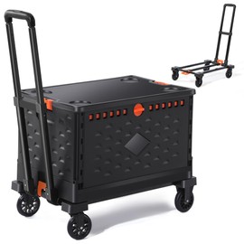 Collapsible Crate+Folding Hand Truck Set -No Assembly Required-Teacher Collapsible Rolling Cart with Wheels,Shopping Cart for Groceries,Crate On Wheels and Tote Basket,Mobile Storage for File, Book