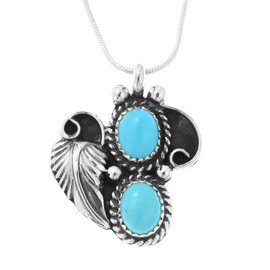 Pretty Navajo Two Stone Turquoise Sterling Pendant Leaf, Curls and Drops Design With Silver Chain 0085