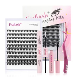 Fadlash Eyelash Extensions Set, Eyelash Cluster, Eyelash Glue Bond & Seal, Eyelash Remover and Eyelash Tweezers, Individual DIY Eyelash Extension Set for Beginners (40D-0.07D, 8-16 mm, Kit)