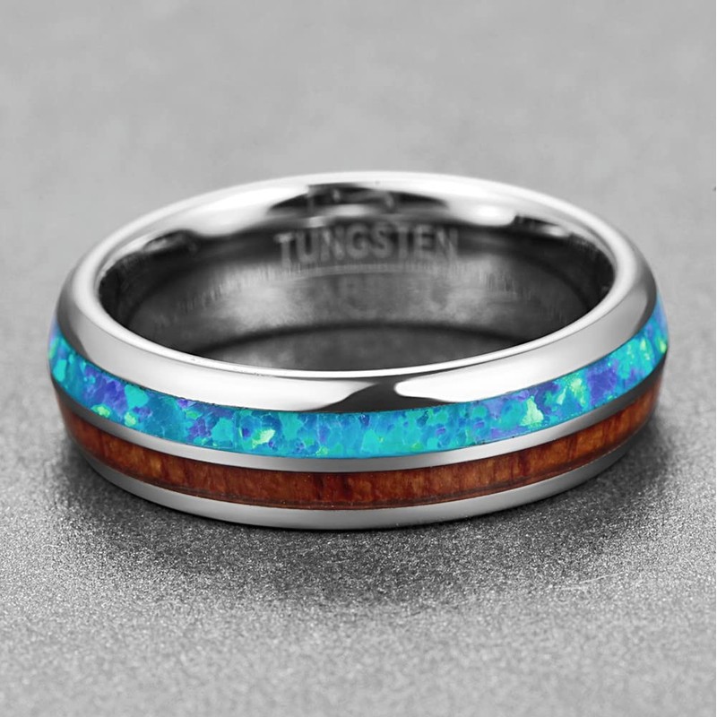 Corato Blue Opal Tungsten Wedding Band Domed 6MM Hawaiian Wood