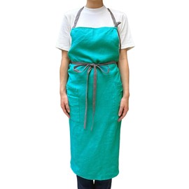 ELLEN&RANUN Linen Apron, 100% Linen (Linen), Cafe Style, Long Apron, Hidden Buttocks, Pockets, Neck Hanging, Simple, Stylish, Gardening, Kitchen, Salon, Nursery School, Unisex, Emerald/EMD