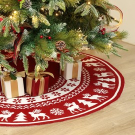 WBHome Christmas Tree Skirt, 52 inch Double-Layer Cable Knitted Thick Rustic Holiday Decoration, Reindeer & Tree Pattern, fit for Tree up to 9 FT