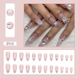 RTKHFZE Almond Press on Nails Medium Length Fake Nails Nude Heart-Shaped Charms False Nails with Glitter Designs and Rhinestones Acrylic Nails 24Pcs Full Cover Stick on Nails for Women Girls