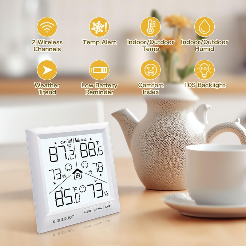 KIDLEDUCT Indoor Outdoor Thermometer Wireless Battery Powered, High Precision Inside