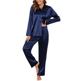Ekouaer Silk Pajamas for Women Classic Button Down Pj Sets Satin Sleepwear Comfy Long Sleeve Loungewear Navy Blue XL