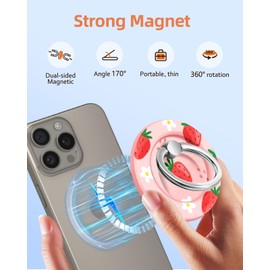 Buleens Phone Ring Holder Compatible with MagSafe - Women Girls Magnetic Cell Phone Grip Cute Finger Ring Grip Stand Kickstand Magnet Adjustable Removable Accessories, Girly Kawaii Strawberry