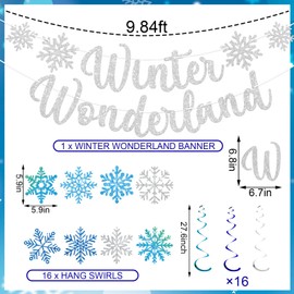JarThenaAMCS 33Pcs Snowflake Hanging Swirl Decorations With Winter Wonderland Banner Christmas Snowflake Party Streamer For Xmas Holiday Party Supplies