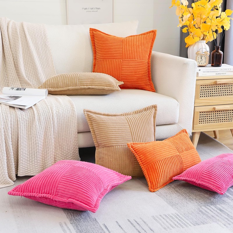 OTOSTAR Striped Corduroy Throw Pillow Covers with Splicing Super Soft