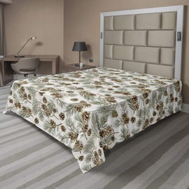 Lunarable Pinecone Flat Sheet, Scenery Illustration of Hand Painted Pine Tree Branches and Sepia Cone, Soft and Comfortable Top Sheet Decorative Bedding 1 Piece, Full Size, Green Brown