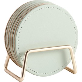 Joliling PU Leather Absorbent Drink Coasters with Metal Holder Stand Set of 6,Coasters with Cork Base Table Coaster Set Decorative Coffee Cup Coasters Housewarming Gift for Home Decor (green)