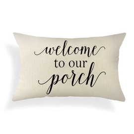 Ogiselestyle Farmhouse Pillow Covers with Welcome to Our Porch Quotes 12" x 20" Lumbar Pillow Covers Home Decorative Cotton Linen Cushion Case for Sofa Couch Housewarming Gifts Family Room Décor