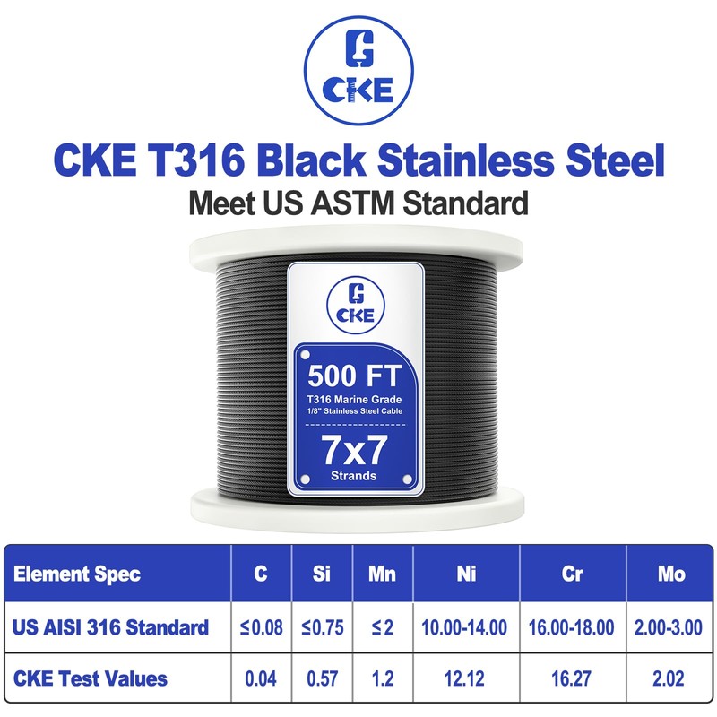 CKE 500FT 1/8" Black Stainless Steel Cable, T316 Stainless Steel