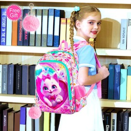 3PCS Girls Cat Backpack, Water Resistant Kids Bookbag Set with Lunch Box, Cute School Bag for Preschool Toddlerr - Heart Cat