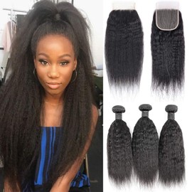 BLISSHAIR Kinky Straight Hair 3 Bundles with Closure Yaki Stragiht Human Hair Weave Bundles with 4x4 Lace Closure Virin Brazilian Remy Human Hair Natural Color (8 8 8 + 8)