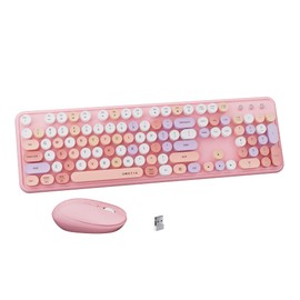 FCPLU x UBOTIE Colorful Wireless Keyboard and Mouse Combo, Full-Sized Office Keyboard with Typewriter Flexible Keys, 2.4GHz Dropout-Free Connection, Optical Mouse for PC Laptop((Pink Colorful)