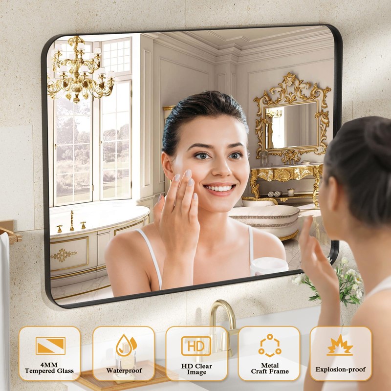 ROOMTEC Black Bathroom Mirrors for Wall, 20X30 Inch Rounded Rectangle