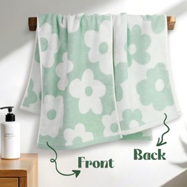 Floral Hand Towels for Bathroom - 2 Pack Cotton Face Towels 13" x 29", Soft Decorative with Cute Daisy Prints for Guest Room, Kitchen Decor, Light Seafoam