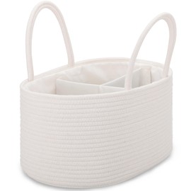COMSE Large Baby Diaper Caddy Organizer for Girl Boy, Car Caddy with Handles, Cotton Rope Basket for Changing Table, Nursery Organizer, Gift for Baby Shower and Registry Must Have, White