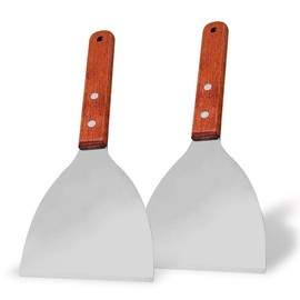 2Pcs Griddle Scraper, Stainless Steel Slant Edge Grill Scrapers Wood Handle Spatula for Food Pancake Pizza Home Baking Cooking