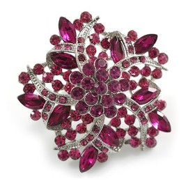 Avalaya Large Magenta Crystal Layered Flower Cocktail Ring in Silver Tone - Adjustable - 7/8 Size