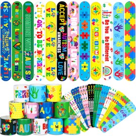 JUNEBRUSHS 56Pcs Autism Awareness Slap Bracelets, Colorful Puzzle Pieces Autism Bracelet Wristbands Inspirational Autism Awareness Accessories for Kids Teens Adult Motivational Gifts Party Supplies