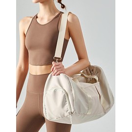 2024 Summer Women's Fashion Large Capacity Travel Bag, Solid Color Letter Patch Zipper Pocket Travel Bag, Casual Lightweight Travel Bag for Gym & Short Business Trips:_Off White_Please Refer To The Pictures for Dimensions