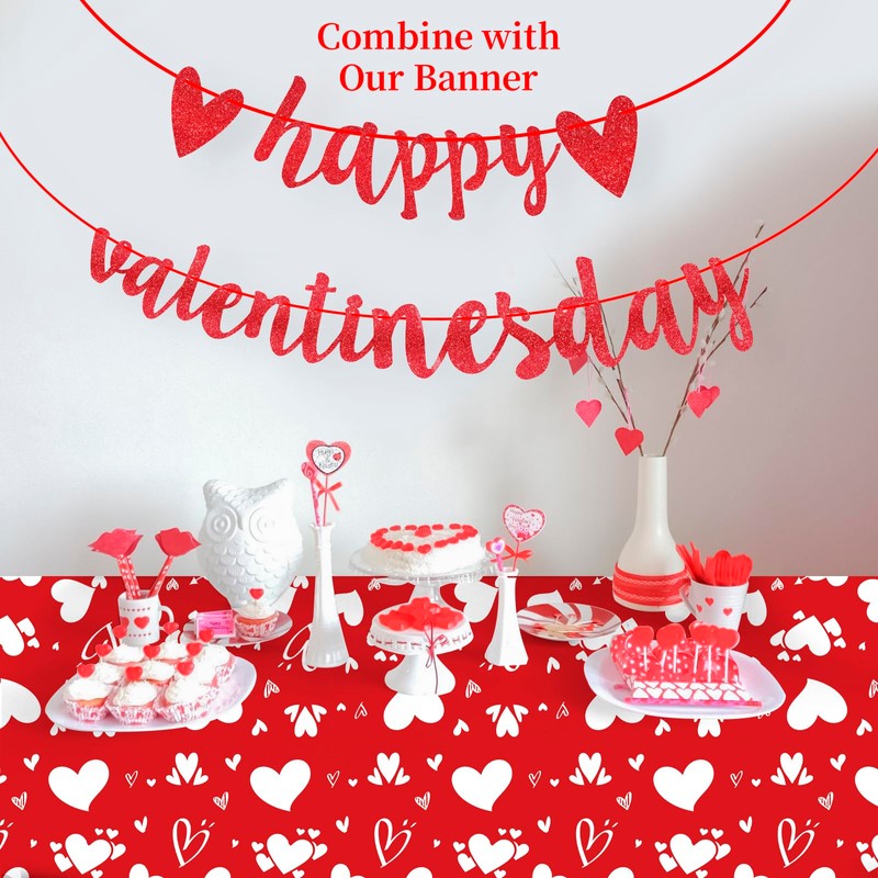 Litmitfu 2 Pack Valentines Tablecloth - Red Heart Valentines Table