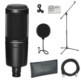 Audio-Technica AT2020 Cardioid Condenser Microphone Bundle with Pop Filter + XLR Cable + Microphone Stand + Microfiber Cleaning Cloth (5 Items)