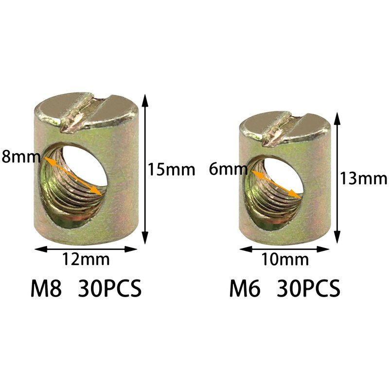 60 PCS M6 M8 Barrel Nuts,Slotted Dowel Nuts for Furniture,Beds,and