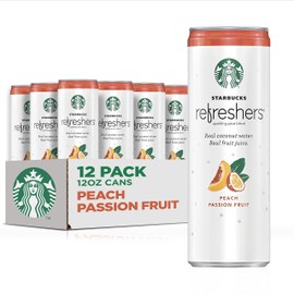 Starbucks - RTD Coffee, Refreshers with Cocounut Water, Peach Passion Fruit, 12 fl oz. cans (12 Pack) (Packaging May Vary)