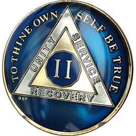 Bright Star Press 2 Year Midnight Blue AA Alcoholics Anonymous Sobriety Medallion Chip Tri Plate Gold & Nickel Plated Serenity Prayer