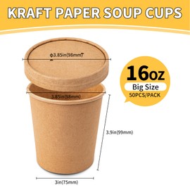 PakTalk [50 Pack Soup Containers with Lids, Disposable To Go Containers Kraft 16oz Paper Soup Bowls with Lid for Hot Drinking, Food, Ice Cream (50sets, 16 oz)