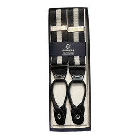 Brooks Brothers Suspenders Black Gray Striped Leather Trim Braces One Size
