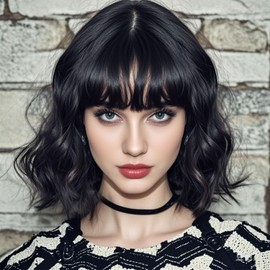 YOUNIGA Short Bob Wavy Wig with Bangs for Women Black Color Wigs for Women Loose Curly Shoulder Length Bob Curly Women's Charming Synthetic Wigs Bob Style Synthetic Fiber Wigs (Black 12 Inch)